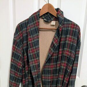 LL Bean Men's Red Plaid Sherpa Lined Flannel Robe - Large